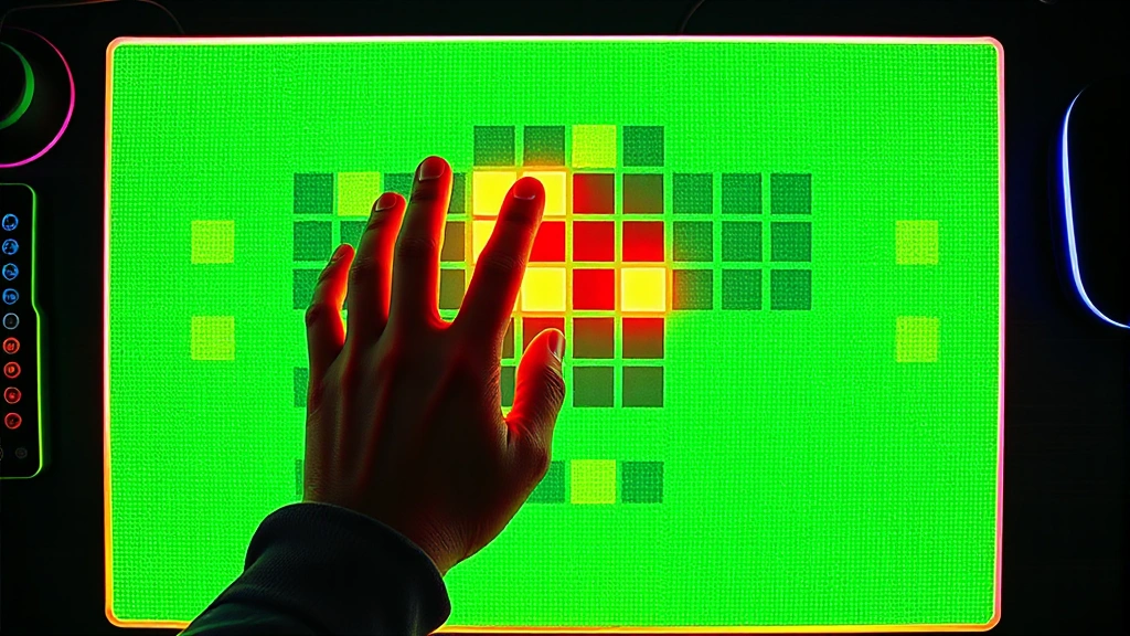 Overhead view of a player's hands interacting with a glowing digital grid display, fingers positioned over illuminated squares in concentration, modern gaming desk with RGB lighting, photorealistic detail
