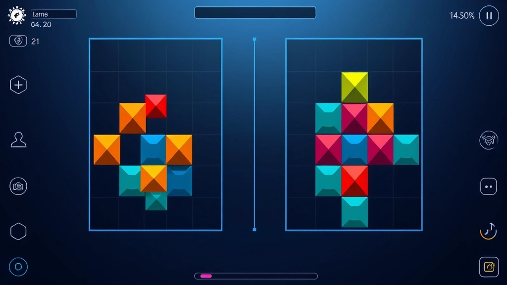 Minimalist gaming screen showing completed puzzle patterns with cascading geometric shapes, multiple colored squares arranged in satisfying formations, clean interface with subtle glow effects, professional esports aesthetic