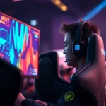 Professional esports player intensely focused on colorful grid-based game display, RGB lighting setup, gaming chair, competitive tournament atmosphere with blurred crowd