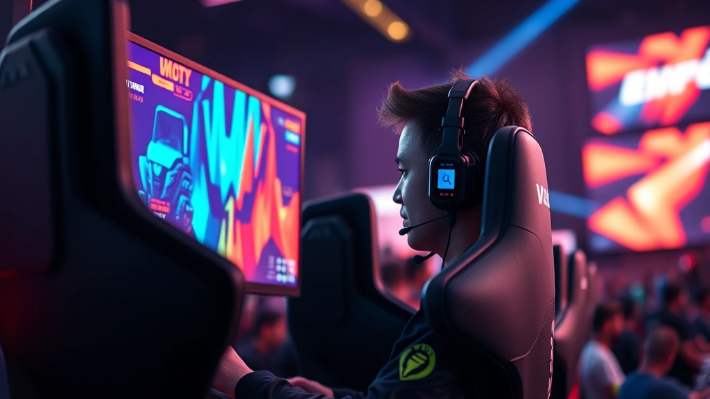 Professional esports player intensely focused on colorful grid-based game display, RGB lighting setup, gaming chair, competitive tournament atmosphere with blurred crowd