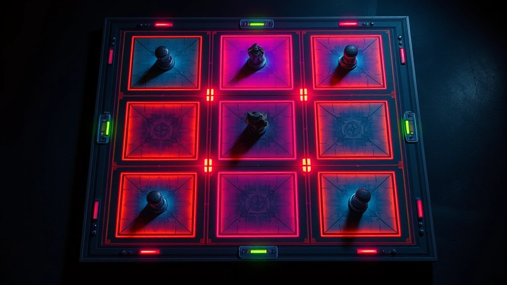 Aerial view of strategy board game with nine squares, vibrant neon colors, glowing markers, tactical positioning setup, dramatic lighting creating shadows