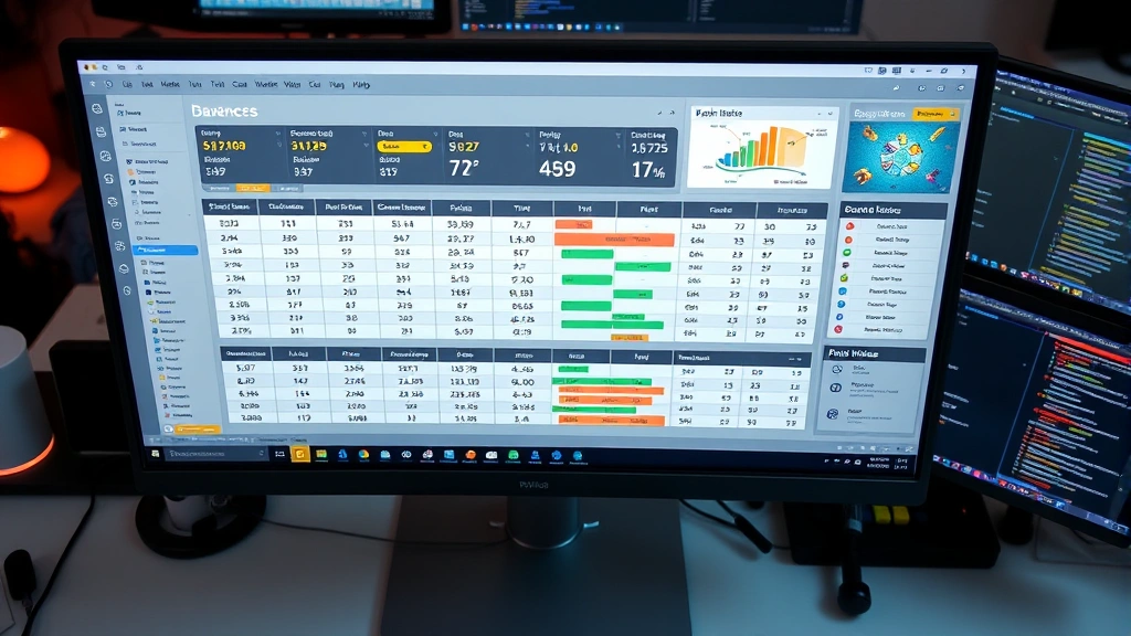 Overhead view of a game balance spreadsheet or data analytics dashboard on a monitor, showing character statistics, win rates, and patch notes, developer workspace with multiple screens
