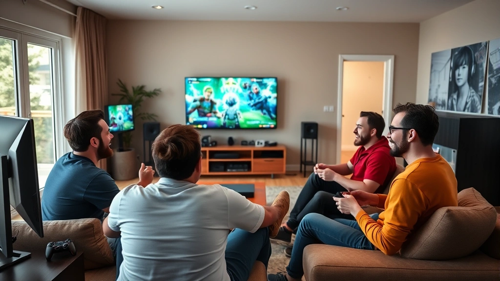 Diverse group of gamers sitting together in modern living room playing video games on large screen, natural lighting, relaxed atmosphere, console and PC gaming setup visible, friends laughing and engaged