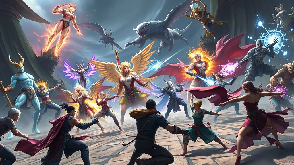Epic gaming battle scene with multiple characters in dynamic action poses, fantastical environment with magical effects, diverse character designs, cinematic lighting and composition, no UI elements visible