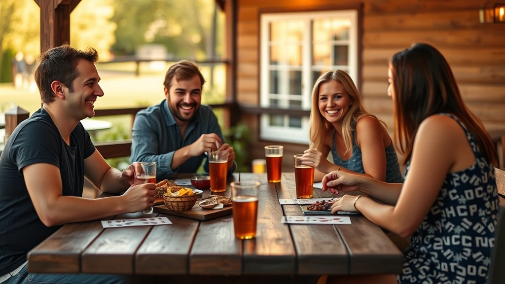 Friends laughing while playing cards at a wooden table with drinks and snacks, warm evening lighting, realistic photography
