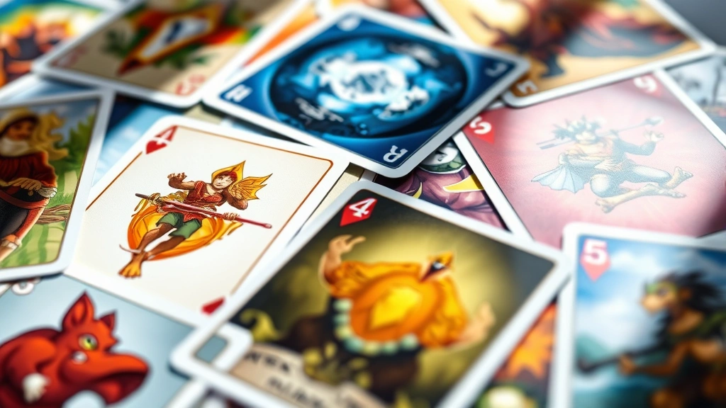 Close-up of colorful card game cards spread across a surface showing different designs and illustrations, natural lighting, detailed photography