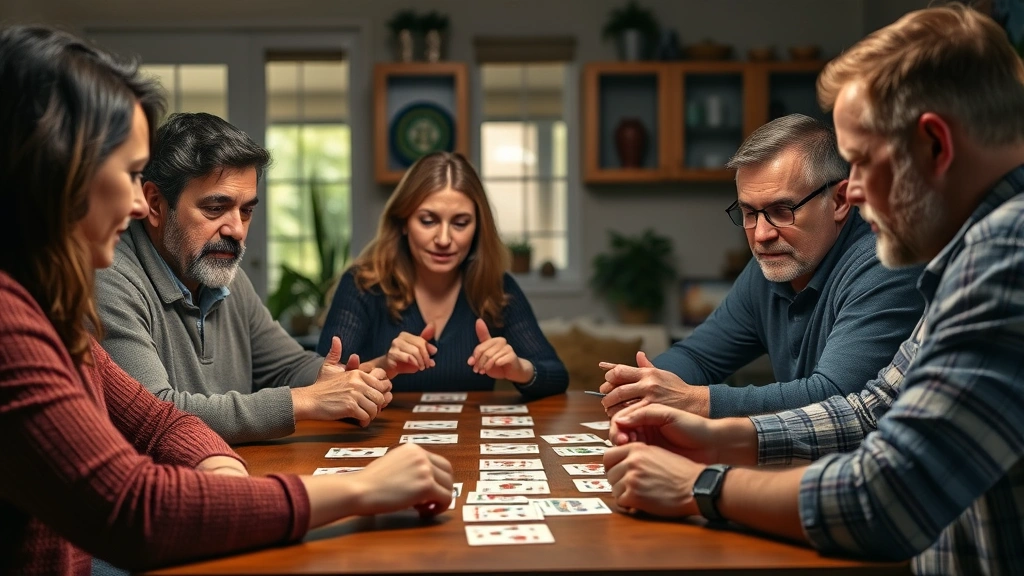 Group of diverse adults engaged in intense card game competition around a table, focused expressions, casual home setting, photorealistic