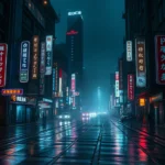 A moody cyberpunk cityscape at night with neon signs reflecting on wet streets, cinematic lighting, atmospheric, no UI elements, photorealistic environment design