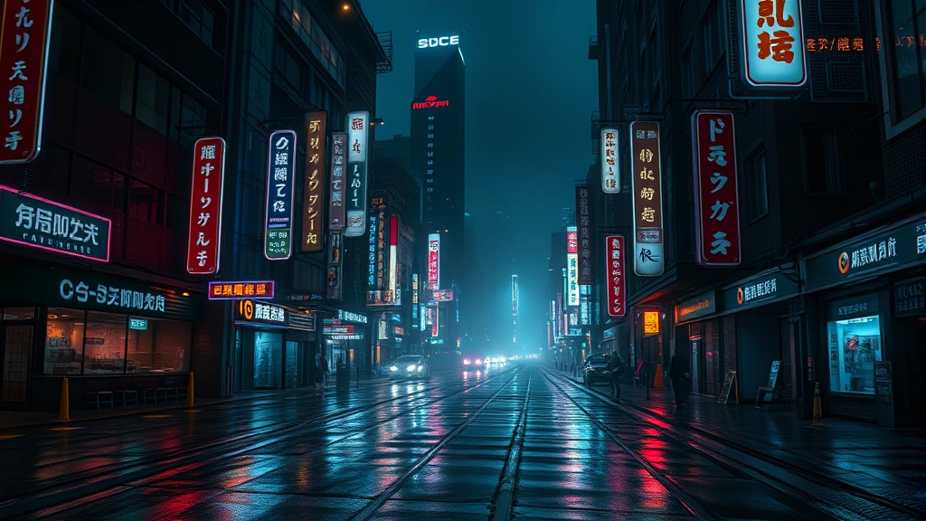 A moody cyberpunk cityscape at night with neon signs reflecting on wet streets, cinematic lighting, atmospheric, no UI elements, photorealistic environment design