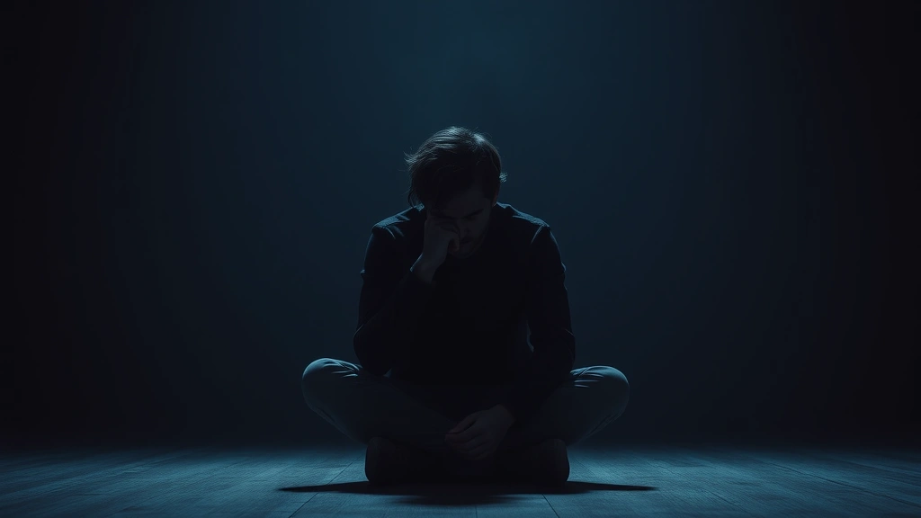 A character sitting alone in a dimly lit room, contemplative expression, artistic lighting emphasizing emotion and psychological depth, photorealistic portrait style, intimate scene composition