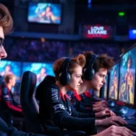 Professional esports players competing at gaming PCs during international tournament, intense focus on faces and equipment, stadium lighting, multiple monitors displaying game footage