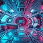 Futuristic alien spaceship interior with bioluminescent technology, sleek metallic surfaces, and otherworldly glowing displays reflecting advanced extraterrestrial engineering