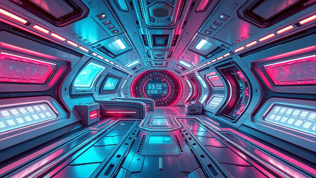 Futuristic alien spaceship interior with bioluminescent technology, sleek metallic surfaces, and otherworldly glowing displays reflecting advanced extraterrestrial engineering