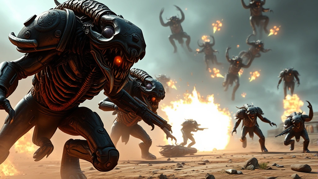 Space Marine 2 gameplay showing intense alien combat with grotesque tyranid creatures charging across a futuristic battlefield with explosions and plasma fire