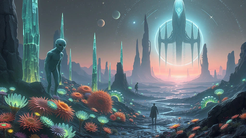 Futuristic alien landscape with bioluminescent alien flora, towering crystalline structures, and distant alien creatures exploring an otherworldly environment