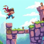 A vibrant pixel-art platformer character performing a dynamic jump over colorful obstacles in a hand-drawn fantasy landscape, showing artistic indie game aesthetics with bright colors and detailed sprite work