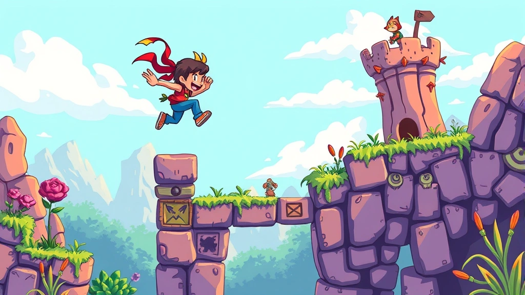 A vibrant pixel-art platformer character performing a dynamic jump over colorful obstacles in a hand-drawn fantasy landscape, showing artistic indie game aesthetics with bright colors and detailed sprite work