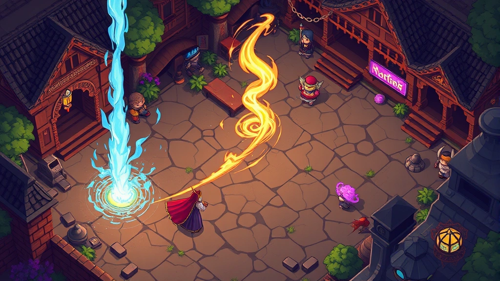 An isometric view of a turn-based RPG battle scene with retro-style pixel art characters and magical effects, showcasing nostalgic 90s JRPG-inspired indie game design with beautiful animation