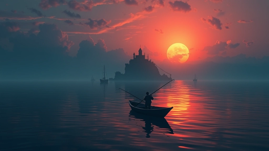 A serene fishing scene at sunset on a mysterious island with atmospheric lighting, moody colors, and peaceful water reflections, representing indie game storytelling and exploration themes