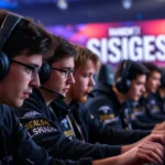 Professional esports players competing in Rainbow Six Siege, intense focus on faces, competitive tournament setting with gaming peripherals, dramatic lighting, high-stakes moment