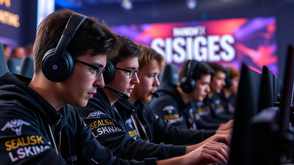 Professional esports players competing in Rainbow Six Siege, intense focus on faces, competitive tournament setting with gaming peripherals, dramatic lighting, high-stakes moment