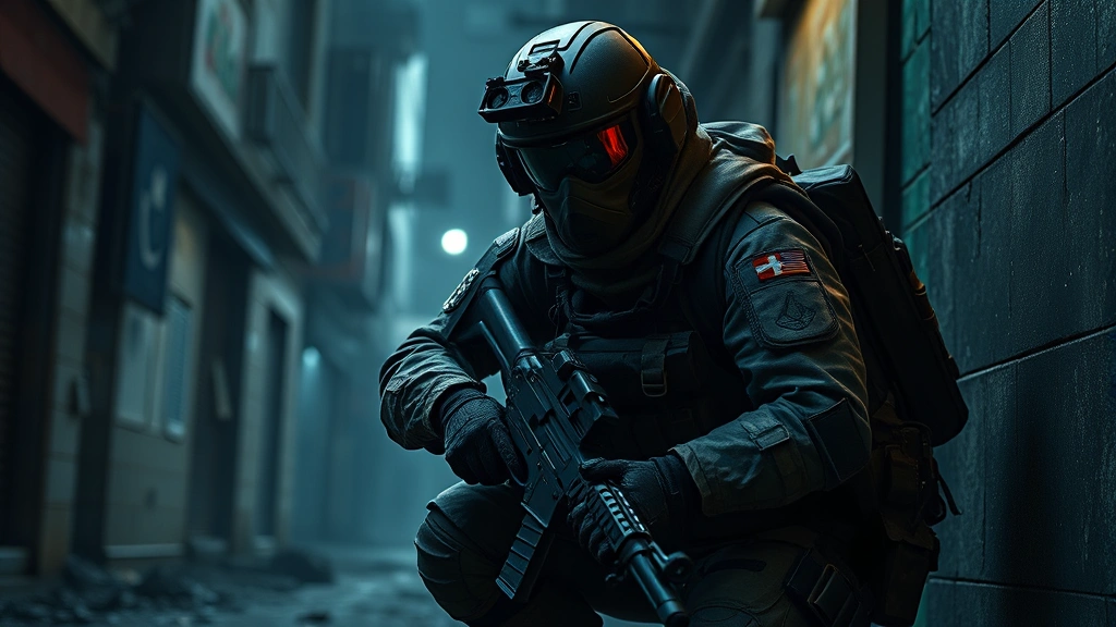 Tactical operator character in military gear with advanced equipment, crouched in shadowy urban environment, night vision goggles visible, realistic military aesthetic, action-ready pose