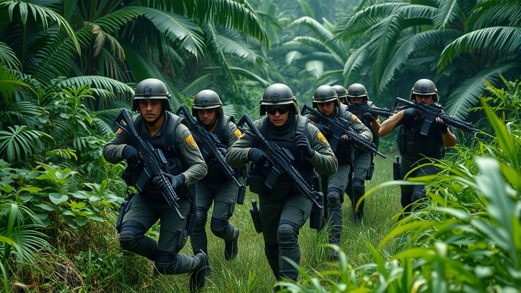 Squad of elite soldiers in tactical formation moving through dense jungle terrain, dynamic action scene with weapons ready, lush vegetation, cinematic military operation, team coordination visible