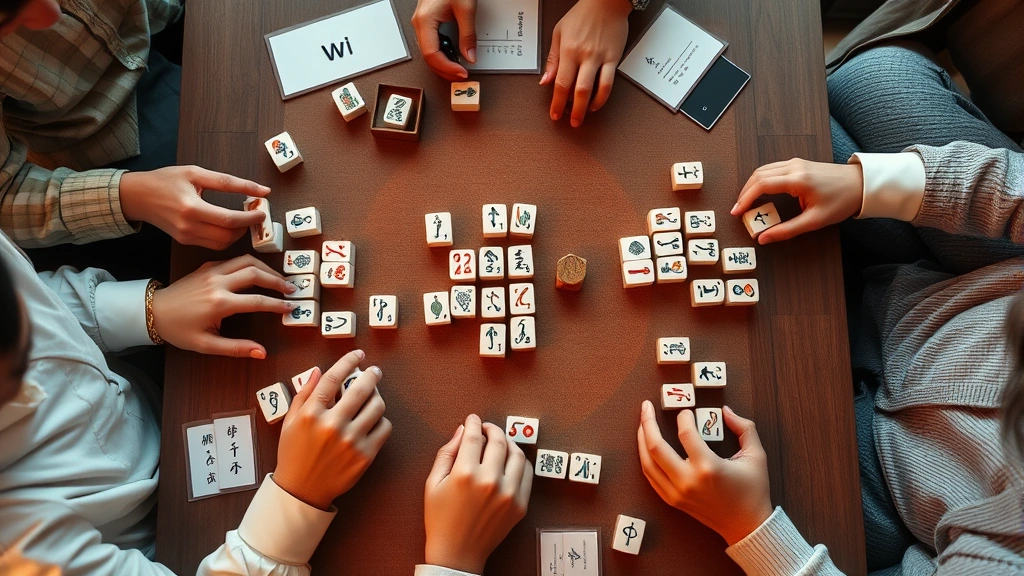 Overhead view of an active American Mahjong game in progress with players' hands holding tiles, wooden racks displaying organized tiles, game table setup with wind indicators and score pads visible, warm ambient lighting creating inviting game atmosphere