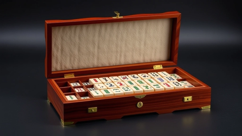 Elegant wooden storage box for Mahjong set opened to show organized compartments with sorted tiles by suit, felt lining visible, brass hardware and polished wood finish, professional product photography style showing storage solution details