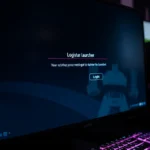 Close-up of a gaming monitor displaying the Rockstar Games Launcher login screen with error notification, RGB keyboard visible, modern gaming setup in background, photorealistic