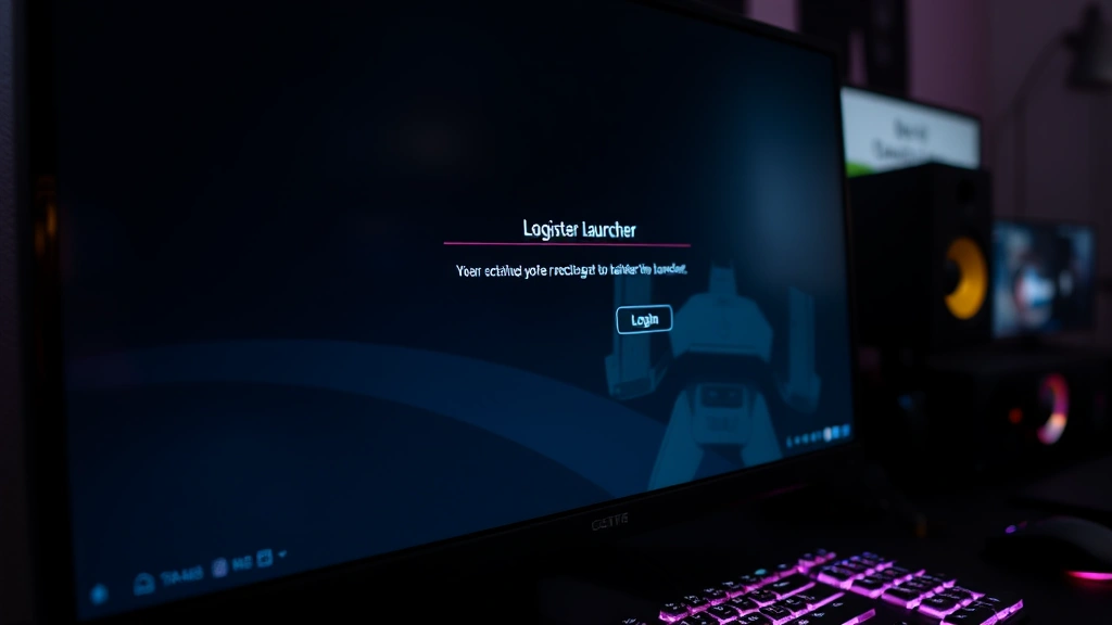 Close-up of a gaming monitor displaying the Rockstar Games Launcher login screen with error notification, RGB keyboard visible, modern gaming setup in background, photorealistic