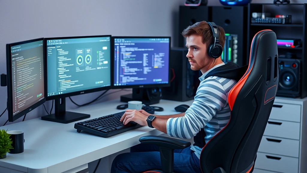 Gamer sitting at desk with multiple monitors, troubleshooting network settings, professional gaming chair, clean organized workspace with gaming peripherals, determined expression, photorealistic