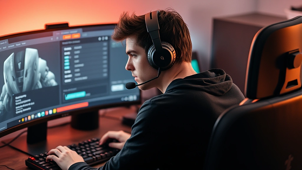 Gamer sitting at desk wearing headset, dual monitors displaying game settings and system information, mechanical keyboard and gaming mouse visible, focused expression, warm ambient lighting, professional photography