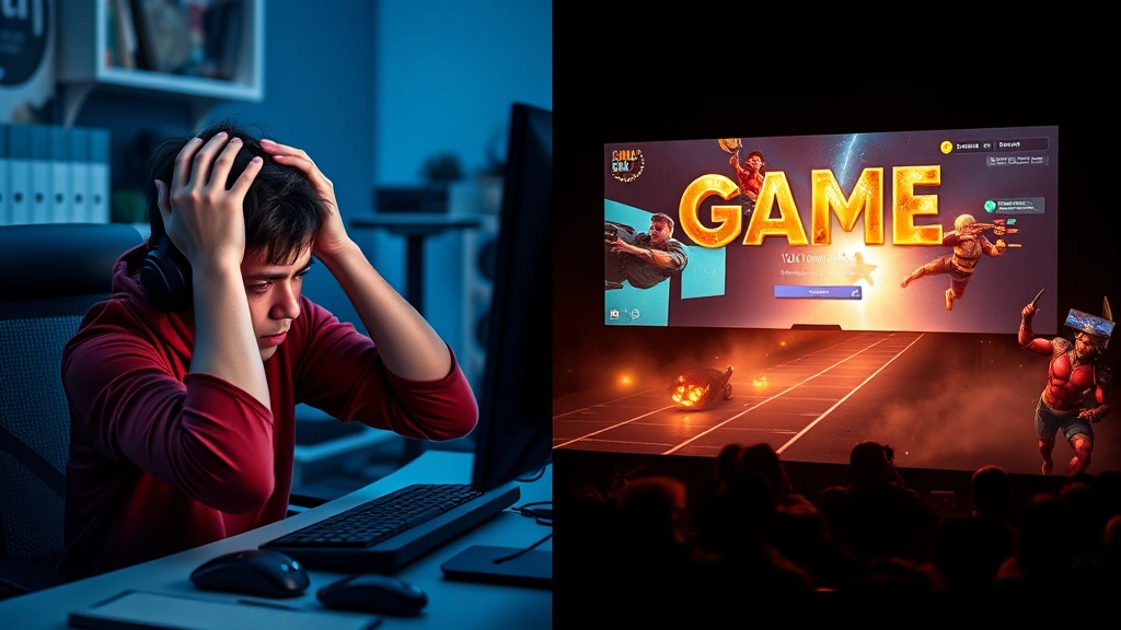 Split-screen showing frustrated gamer at desk on left side with hands on head, right side shows successful game launch with vibrant game scene loading, dramatic lighting contrast