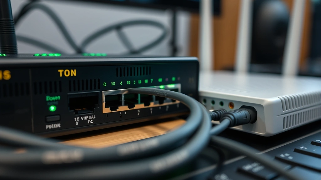 Detailed view of computer networking equipment including router, ethernet cables, and modem with green connection lights, modern home office environment, shallow depth of field