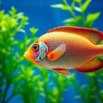 Vibrant angelfish swimming in crystal-clear aquarium with lush green aquatic plants, natural lighting creating shimmer on scales, photorealistic underwater photography