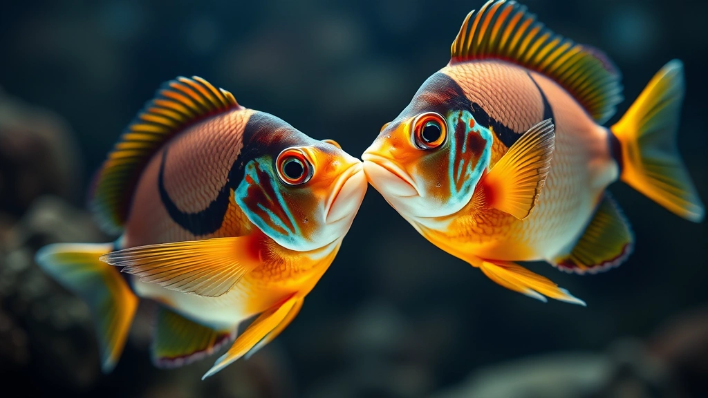 Close-up of colorful angelfish pair displaying breeding behavior, detailed scale patterns visible, professional aquarium lighting, high-definition realistic rendering