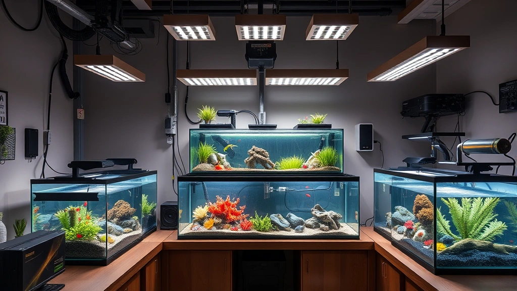 Championship aquarium setup with multiple tanks, advanced filtration systems, professional lighting rigs, organized breeding station layout, photorealistic gaming environment