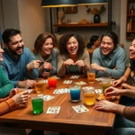 Group of diverse friends laughing while playing card games around a wooden table with colorful drinks and snacks, casual apartment party atmosphere, warm lighting, joyful expressions, realistic photography
