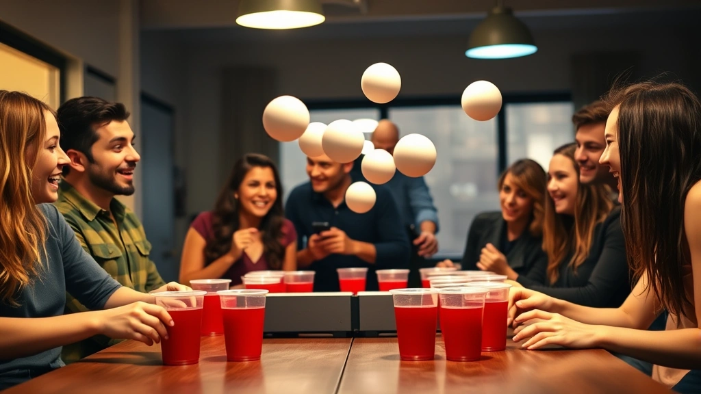 Friends competing in beer pong tournament at apartment party, ping pong balls in mid-air above red cups on table, excited reactions, casual clothing, realistic indoor lighting, action shot