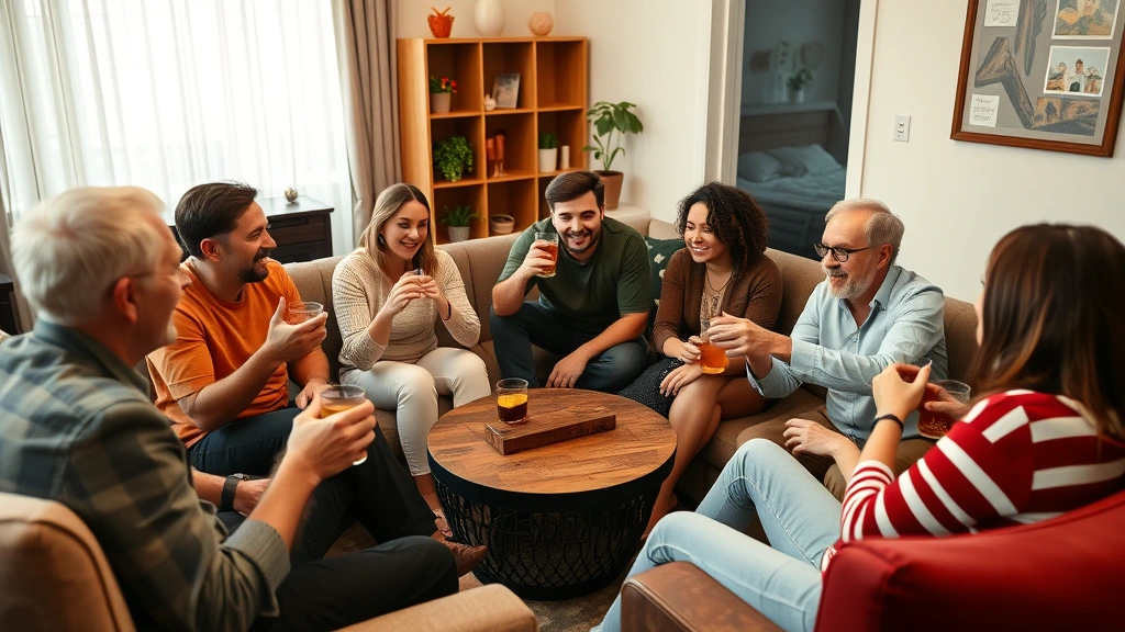 Mixed group of people sitting in circle playing interactive drinking game, concentrated and happy expressions, apartment living room setting with comfortable furniture, natural social interaction, candid moment