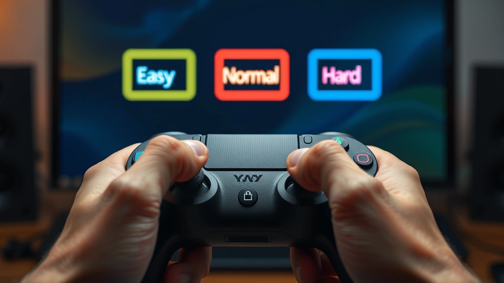 Close-up of hands on a gaming controller with various difficulty settings displayed on a monitor screen behind them, showing easy, normal, hard difficulty options glowing