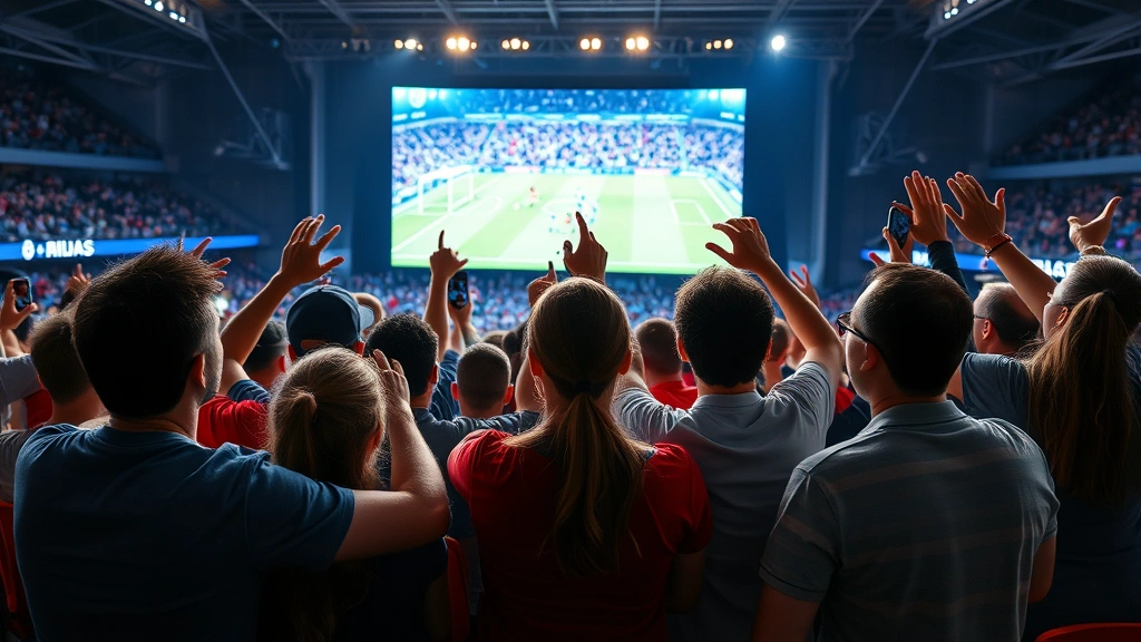 Diverse group of passionate football fans watching intense match on large screen together, celebrating goal moment, energetic stadium atmosphere, emotional engagement captured authentically
