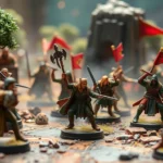 Professional tabletop miniature war game battle scene with painted fantasy warriors and terrain, dynamic action poses, dramatic lighting, detailed terrain with trees and rocks