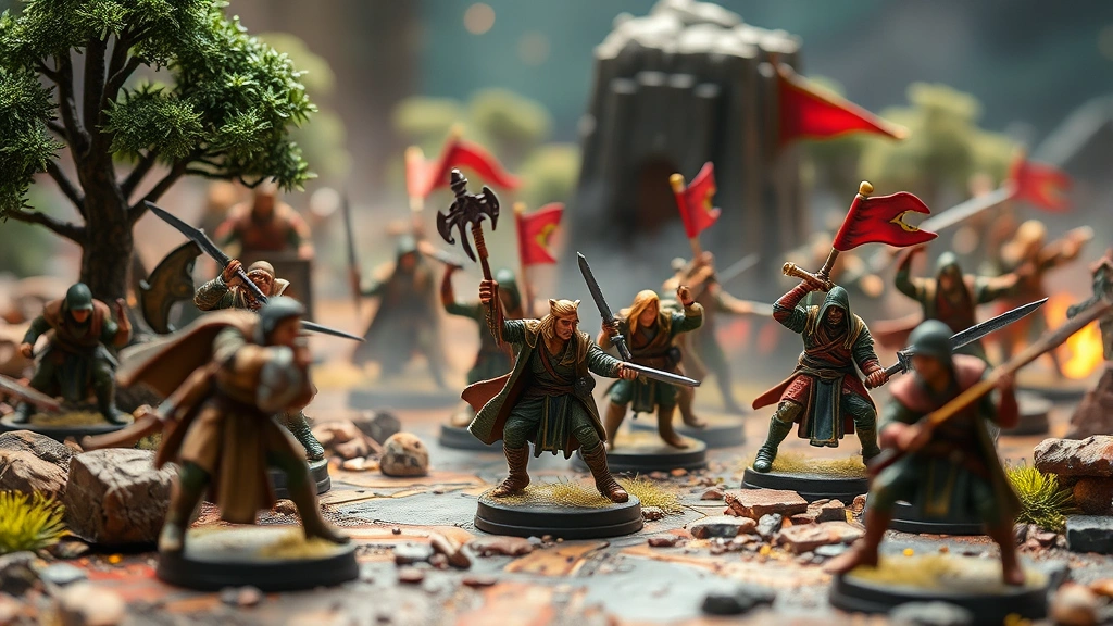 Professional tabletop miniature war game battle scene with painted fantasy warriors and terrain, dynamic action poses, dramatic lighting, detailed terrain with trees and rocks