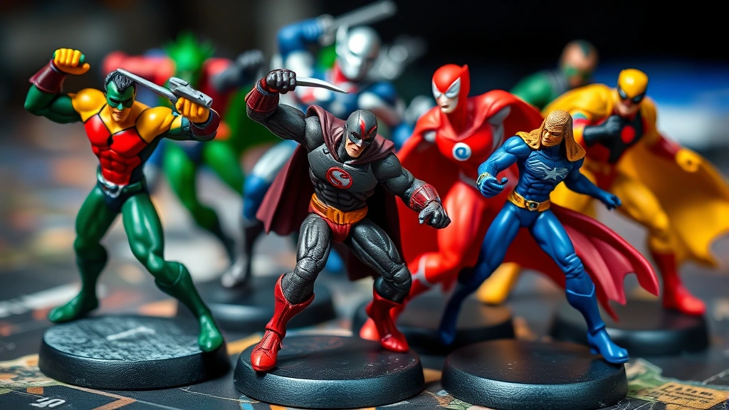 Close-up of intricately painted superhero miniature figures in dynamic combat poses on gaming board, vibrant colors, professional paint job, cinematic composition