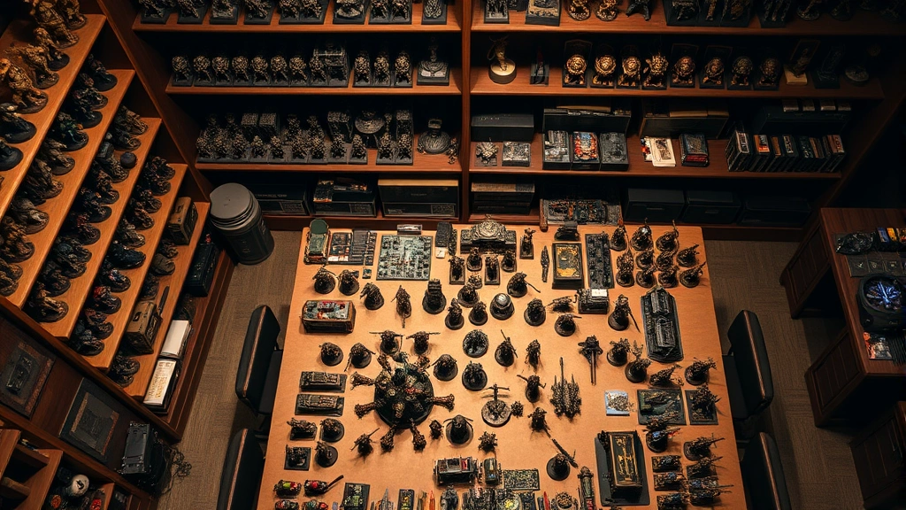 Overhead view of organized miniature game army collection displayed on shelves and gaming table, multiple painted units, organized chaos of gaming pieces, warm studio lighting