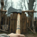 First-person perspective throwing wooden axe at wooden target in medieval fantasy setting, photorealistic lighting with impact dust particles, close-up of axe mid-flight