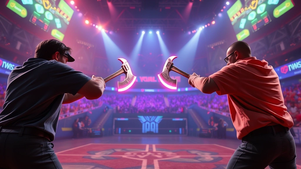 Competitive multiplayer arena showing two players in dynamic throwing positions facing off, vibrant game environment with glowing throwing axes in mid-trajectory, action-packed atmosphere