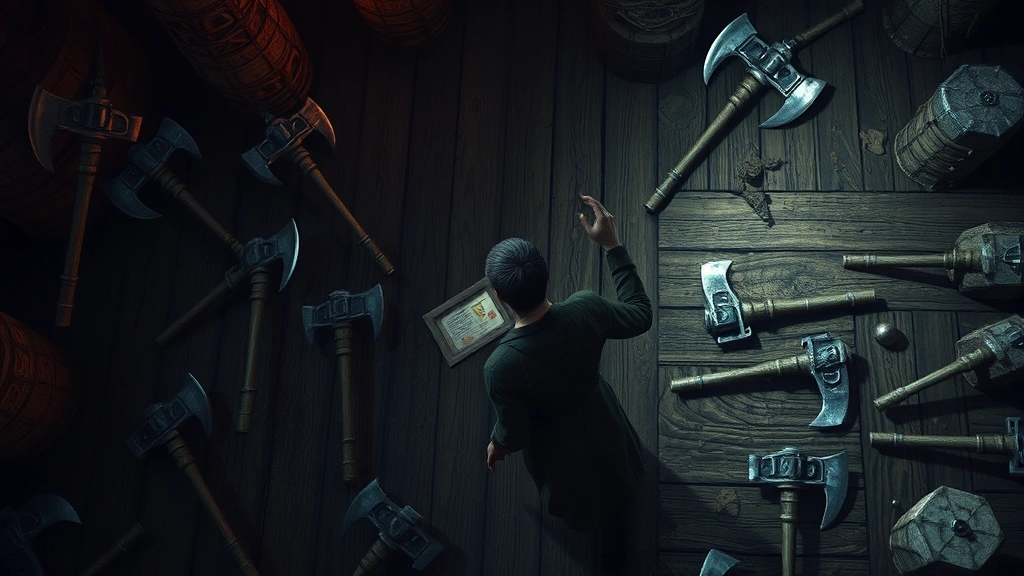 Top-down view of player character surrounded by multiple throwing axes embedded in wooden surfaces, mystical fantasy dungeon setting with detailed textures and atmospheric lighting